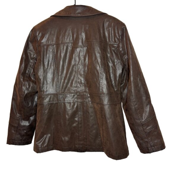 Giacca Womens Sz L Brown Distressed Faux Leather Button Front Jacket(1500) - Picture 4 of 7